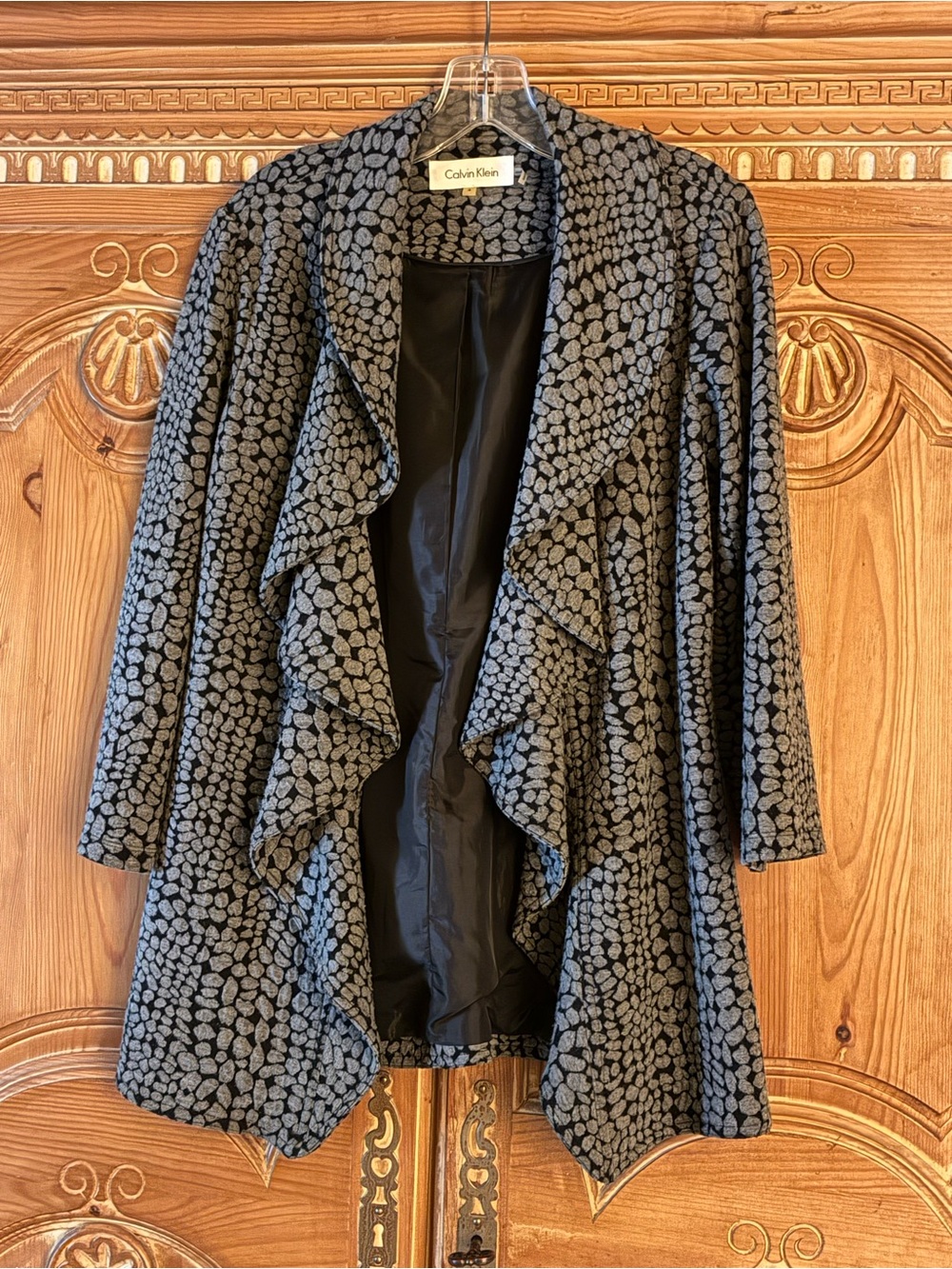 Calvin Klein size 4 Black & Gray Ruffled Open-Front Cardigan Jacket